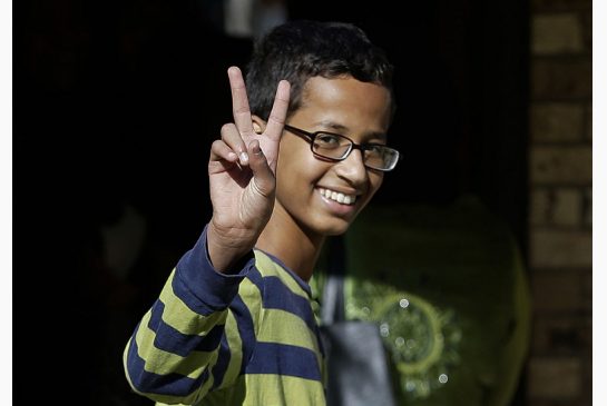 Student Ahmed Mohamed gestures as he arrives to his family's home in Irving Texas last month. The 14-year-old got in trouble over a homemade clock he brought to school that was mistaken for a bomb