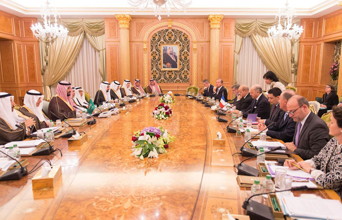 Deputy Crown Prince Muhammad Bin Salman second deputy premier and minister of defense and French Foreign Minister Laurent Fabius co-chair Saudi French Permanent Coordination Committee meeting in Riyadh on Tuesday. — SPA