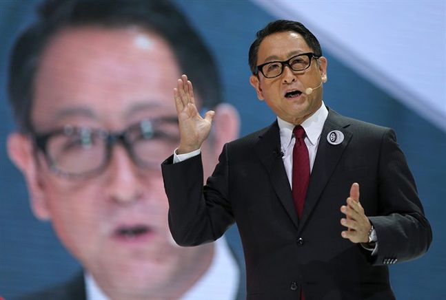 Toyota Motor Corp. President Akio Toyoda speaks at Toyota press conference during the media preview of the Tokyo Motor Show in Tokyo Wednesday Oct. 28 2015