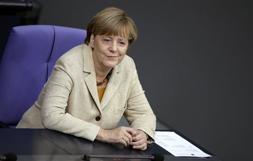 German Chancellor Angela Merkel attends a meeting of the German Federal Parliament Bundestag at the Reichstag building in Berlin Germany Thursday Oct. 1 2015