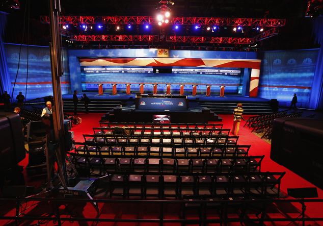 Crews prepare the venue for the Oct. 28 CNBC Republican presidential debate Tuesday Oct. 27 2015 inside the Coors Events Center at the University of Colo