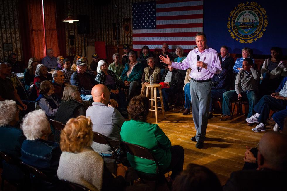 Republican presidential candidate Gov. John Kasich of Ohio speaks during a campaign event at the Bow Old Town Hall Tuesday Oct. 13 2015.  ELIZABETH FRANTZ | Concord Monitor