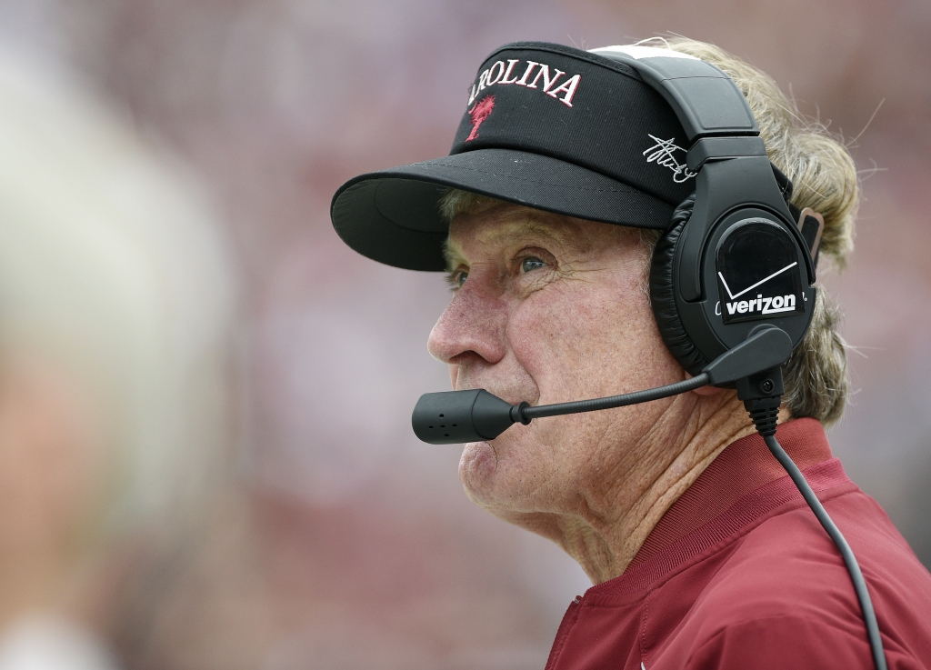 COLUMBIA SC- SEPTEMBER 26  Head coach Steve Spurrier of the South Carolina Gamecocks watches as his team takes on the University of Central Florida Knights during the second quarter