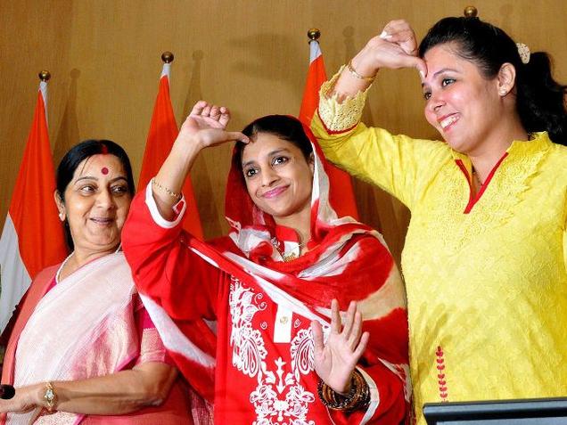 Geeta with External Affairs Minister Sushma Swaraj and Monica Punjabi president Association of Sign Language Interpreters in New Delhi on Monday