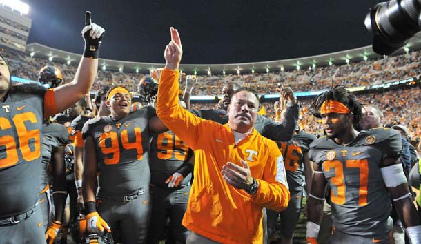 Oct 10 2015 Knoxville TN USA Tennessee Volunteers head coach Butch Jones waves to fans as he celebrates with his team after defeating the Georgia Bulldogs during the second half at Neyland Stadium. Tennessee won 38-31. Mandatory Credit Jim Brown-USA