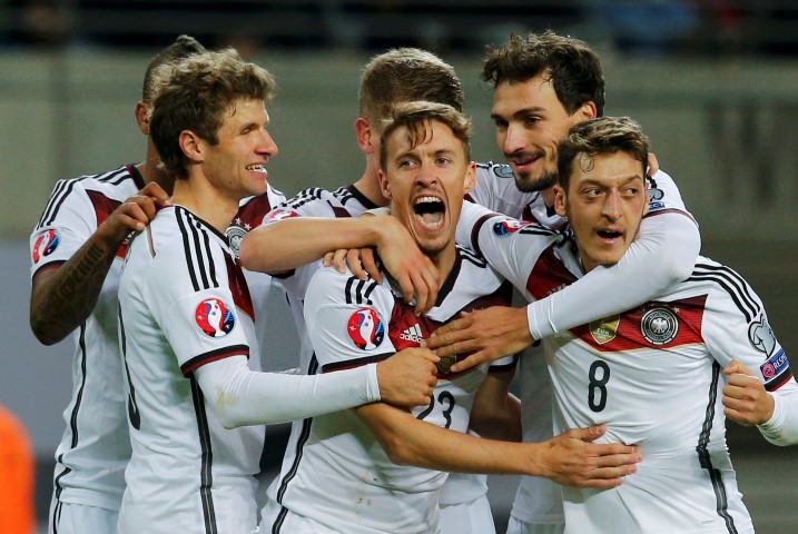 Germany players celebrate Max Kruse's goal against Georgia