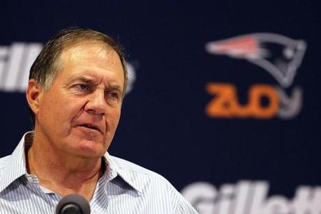 FOXBORO MA- SEPTEMBER 3 Bill Belichick, coach of New England Patriots talks to the media after a pre-season game with the New York Giants at Gillette Stadium