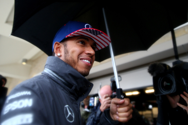 Lewis Hamilton at a rainy qualifying session for the 2015 US Grand Prix in Austin Texas