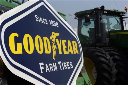 Goodyear sign stands at the Farm Progress Show in Decatur Ill. Goodyear reports quarterly financial results on Thursday Oct. 29 2015