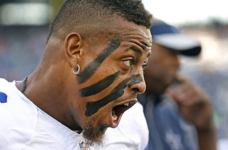 Dallas Cowboys defensive end Greg Hardy gets psyched up for the kickoff during the Dallas Cowboys versus the New York Giants NFL football game at Met Life Stadium in East Rutherford NJ on Sunday