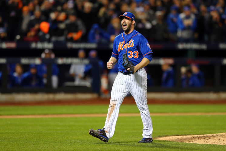 Matt Harvey of the Mets reacts after closing out the top of the seventh against the Cubs during Game 1 of the National League Championship Series at Citi Field on Saturday night