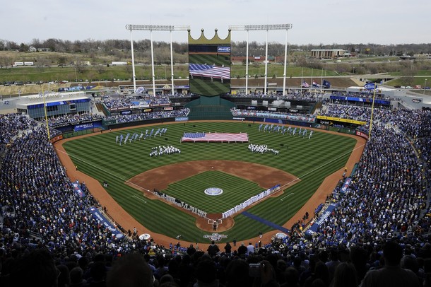 KANSAS CITY MO- APRIL 10 A general view of Kauffman Stadium during opening day festivities prior to the New York Yankees against the Kansas City Royals