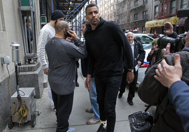 Atlanta Hawks NBA basketball players Thabo Sefolosha center and Pero Antic back left leave a courthouse in New York Wednesday