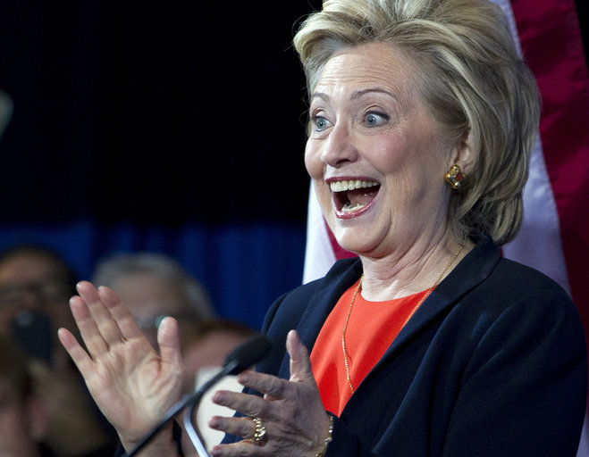 Democratic presidential candidate Hillary Rodham Clinton gestures as she speaks to the Human Rights Campaign in Washington Saturday Oct. 3 2015