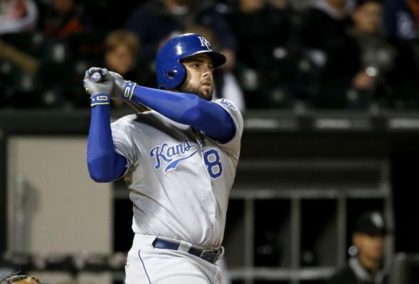 Kansas City Royals Mike Moustakas watches his two-run