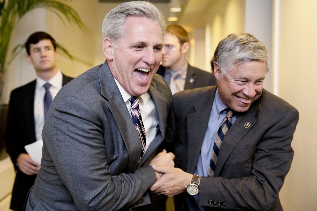 Congress1027 House Majority Leader Kevin McCarthy left and Rep. Fred Upton R-Mich. exit a budget meeting Monday on Capitol Hill in Washington