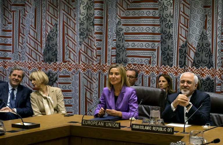 European Union High Representative For Foreign Affairs and Security Policy Federica Mogherini and Iran's Foreign Minister Mohammad Javad Zarif attend a P5+1+EU+Iran meeting during the 70th session of the United Nations General Assembly in New Yor