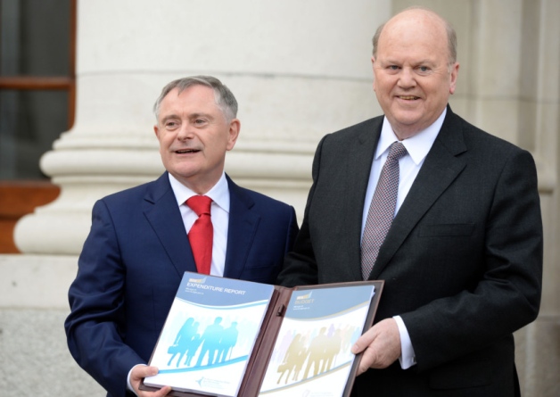 Finance Minister Michael Noonan and the Minister for Public Expenditure and Reform Brendan Howlin presenting Budget 2016 at Government Buildings