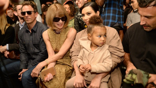 Seth Meyers Anna Wintour Kim Kardashian West and North West attend Kanye West Yeezy Season 2 during New York Fashion Week at Skylight Modern on September 16 in New York City