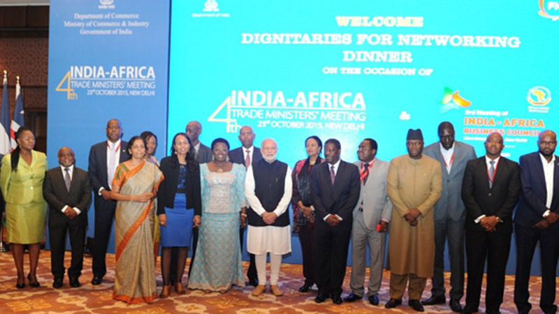 Indian PM Narendra Modi poses with African ministers at the end of their meeting