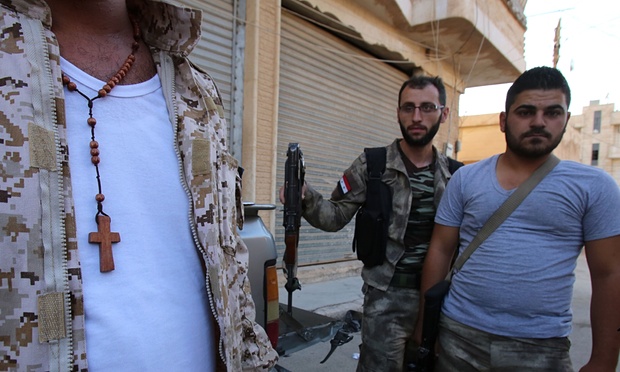 Members of the Assyrian Gozarto Protection Forces in Hasakeh north-east Syria where Isis took 253 Assyrian Christians captive in an initial offensive early this year