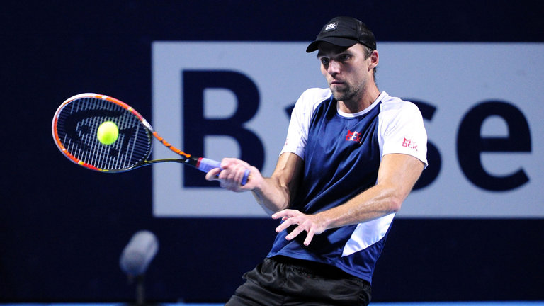 Ivo Karlovic of Croatia in action during the Swiss Indoors ATP 500 tennis tournament against Stan Wawrinka