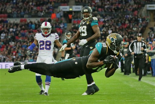 Jacksonville Jaguars wide receiver Allen Hurns catches the ball for a touchdown during the NFL game between Buffalo Bills and Jacksonville Jaguars at Wembley Stadium in London Sunday Oct. 25 2015