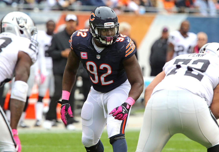 Chicago Bears linebacker Pernell Mc Phee comes to the line against the Oakland Raiders on Sunday Oct. 4 2015 in Chicago