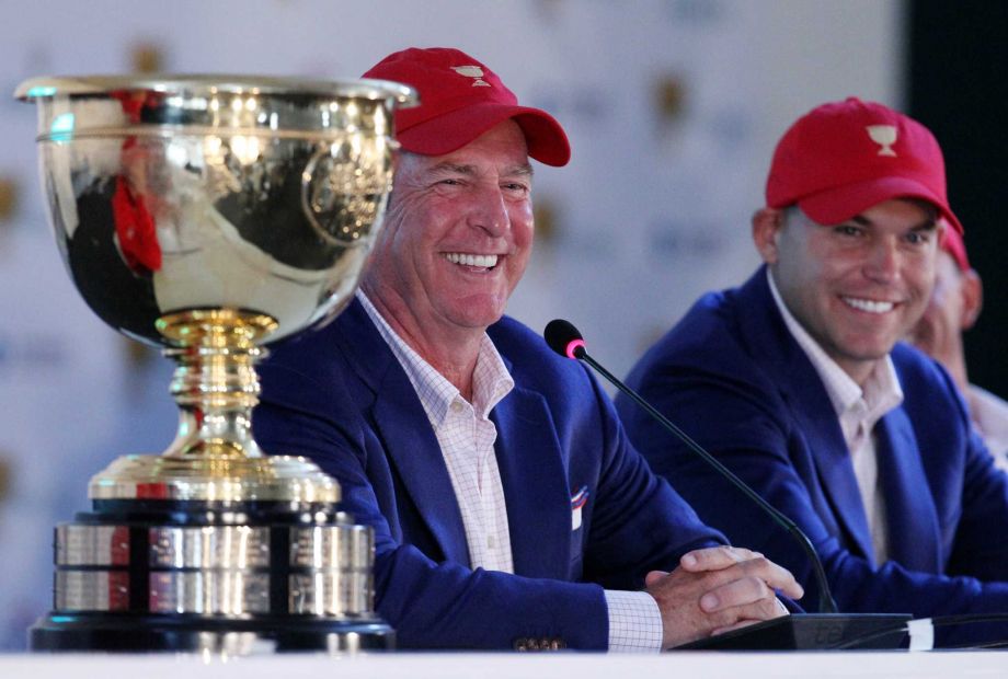 US team captain Jay Haas left and his son Bill address a press conference after they defeated the International team 15 1/2 to 14 1/2 to retain the Presidents Cup at the Jack Nicklaus Golf Club Korea in Incheon South Korea Sunday Oct. 11 2015