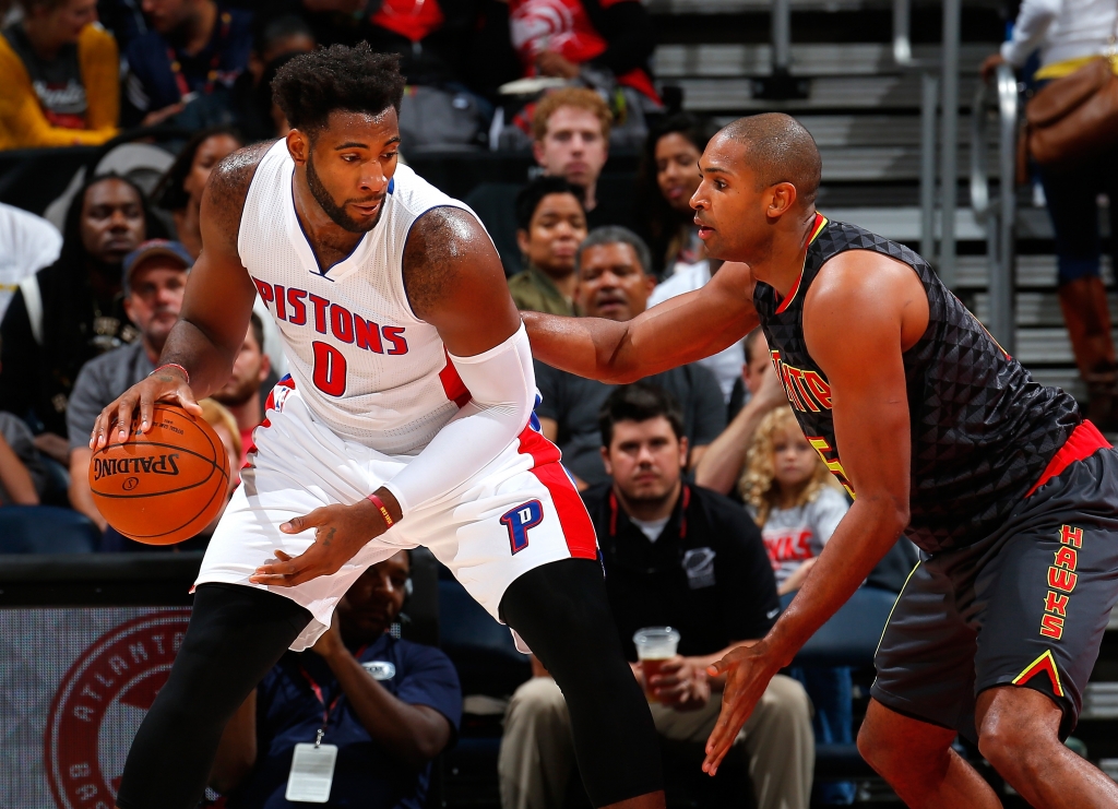 ATLANTA GA- OCTOBER 27 Al Horford #15 of the Atlanta Hawks defends against Andre Drummond #0 of the Detroit Pistons at Philips Arena