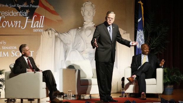 Jeb Bush addresses the crowd during a town hall event in South Carolina