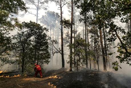 Smithville Fire Capt. Adrian Sepulveda uses a rake to put out hotspots as they fight the Hidden Pines Fire burning at the end of Keller Road near Smithville Texas Wednesday Oct. 14 2015