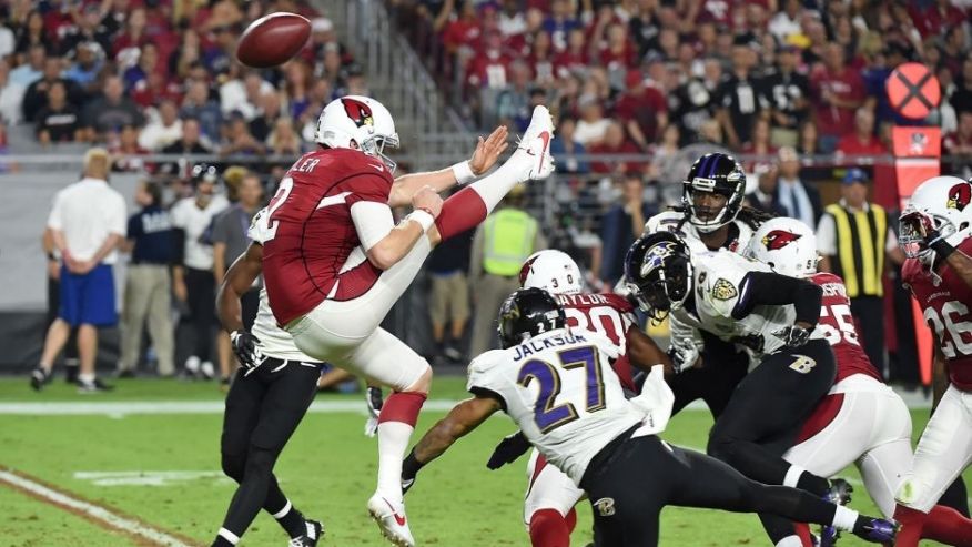 GLENDALE AZ- OCTOBER 26 Drew Butler's #2 of the Arizona Cardinals punt is blocked by cornerback Asa Jackson #27 of the Baltimore Ravens in the fourth quarter of the NFL game at University of Phoenix Stadium