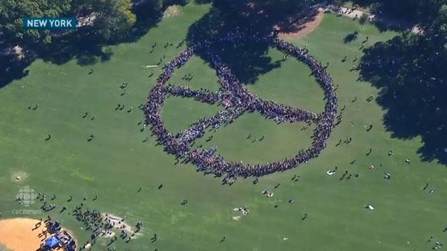 Giant human peace sign in New York's Central Park honors John Lennon