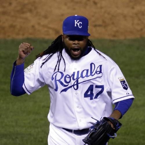 Royals pitcher Johnny Cueto celebrates the end of the top of the eighth inning of Game 2 of the Major League Baseball World Series against the New York Mets Wednesday Oct. 28 2015 in Kansas City Mo