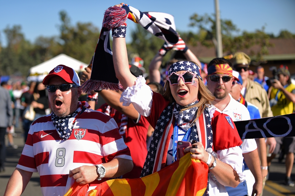 PASADENA CA- OCTOBER 10 Fans of the United States stand outside the stadium before the 2017 FIFA Confederations Cup Qualifier at Rose Bowl