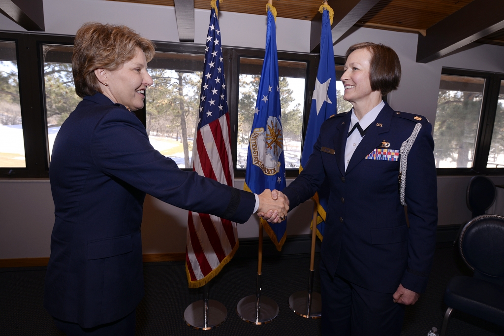 Maj. Phyllis Pelky being congratulated for her promotion to major by U.S. Air Force Academy Superintendent Lt. Gen. Michelle Johnson.  U.S. Air Force Academy