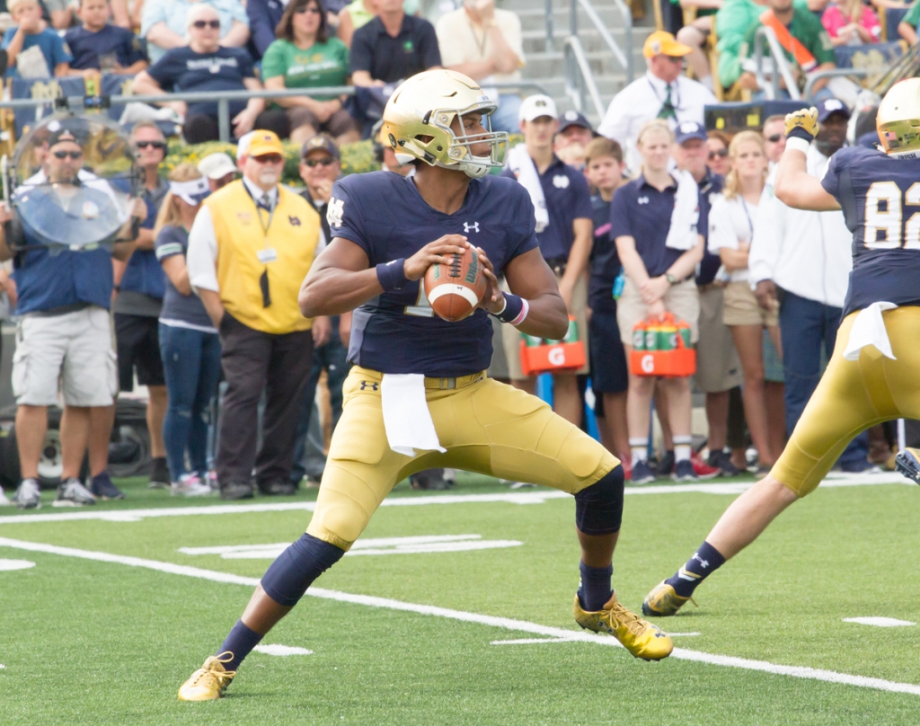 Irish freshman quarterback Brandon Wimbush scores a touchdown during Notre Dame’s 62-27 win over Massachusetts on Saturday at Notre Dame Stadium. Wimbush had four carries for 92 yards in the game