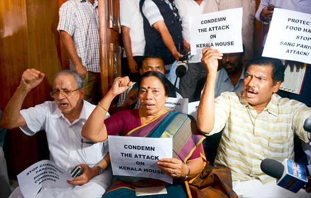 Kerala MPs hold a sit-in protest against the Delhi Police'beef raid on the restaurant