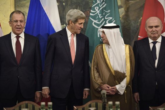 Foreign Minister Sergei Lavrov Secretary of State John Kerry Saudi Foreign Minister Adel al Jubeir and Turkish Foreign Minister Feridun Sinirlioglu stand together before a meeting in Vienna Austria Thursday Oct. 29 2015. Ke