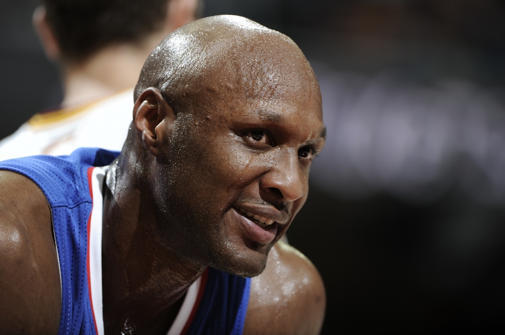 Close up of Lamar Odom #7 of the Los Angeles Clippers during a break in the action against the Cleveland Cavaliers at The Quicken Loans Arena