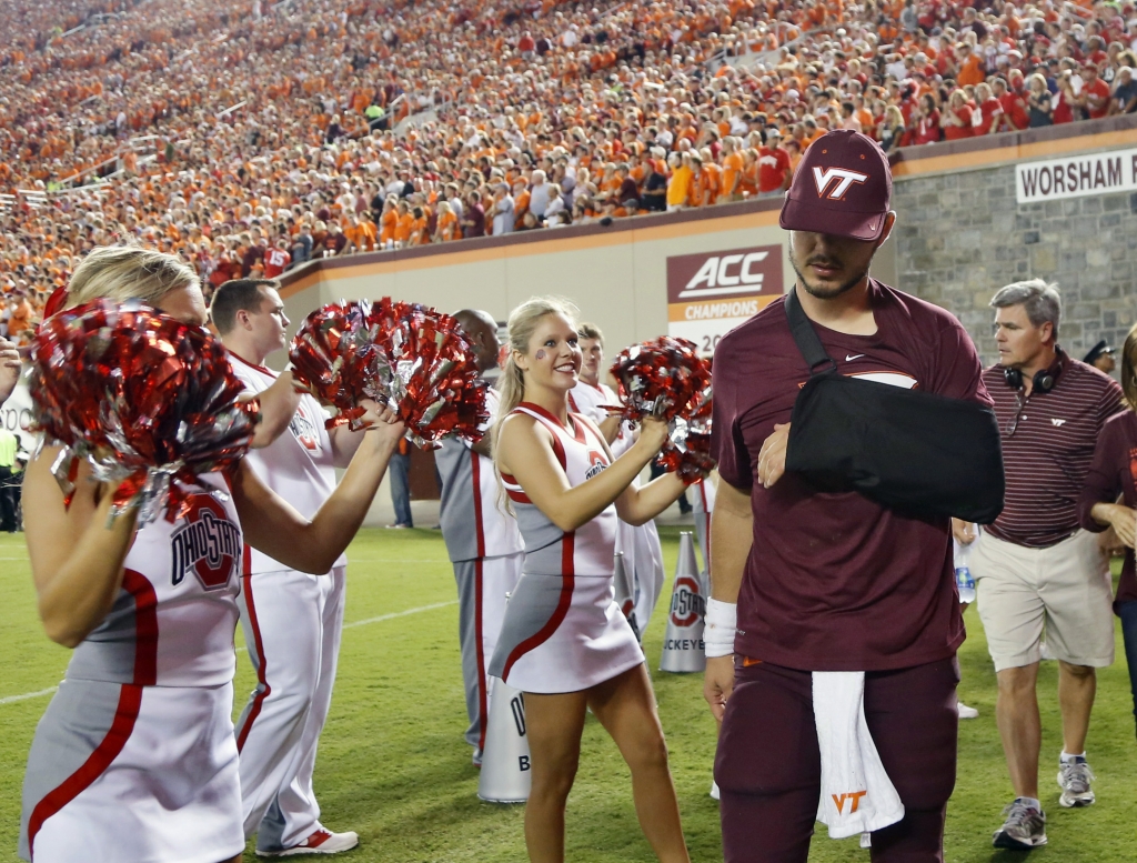 Virginia Tech quarterback Michael Brewer walks out of a medical facility during the second half of an NCAA college football game against Ohio State in Blacksburg Va. Monday Sept. 7 2015. Brewer hurt his shoulder during the third quarter. (AP Phot