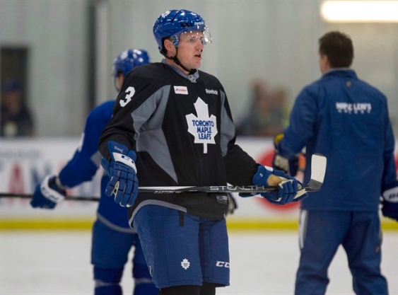 Toronto Maple Leafs' Dion Phaneuf takes first-round pick Mitch Marner under