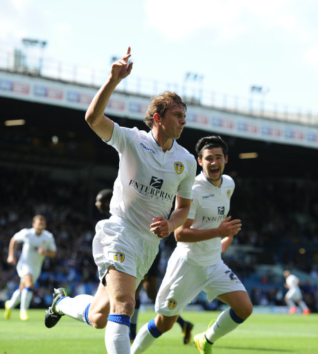 Leeds Uniteds Stephen Warnock celebrates after scoring the opening goal