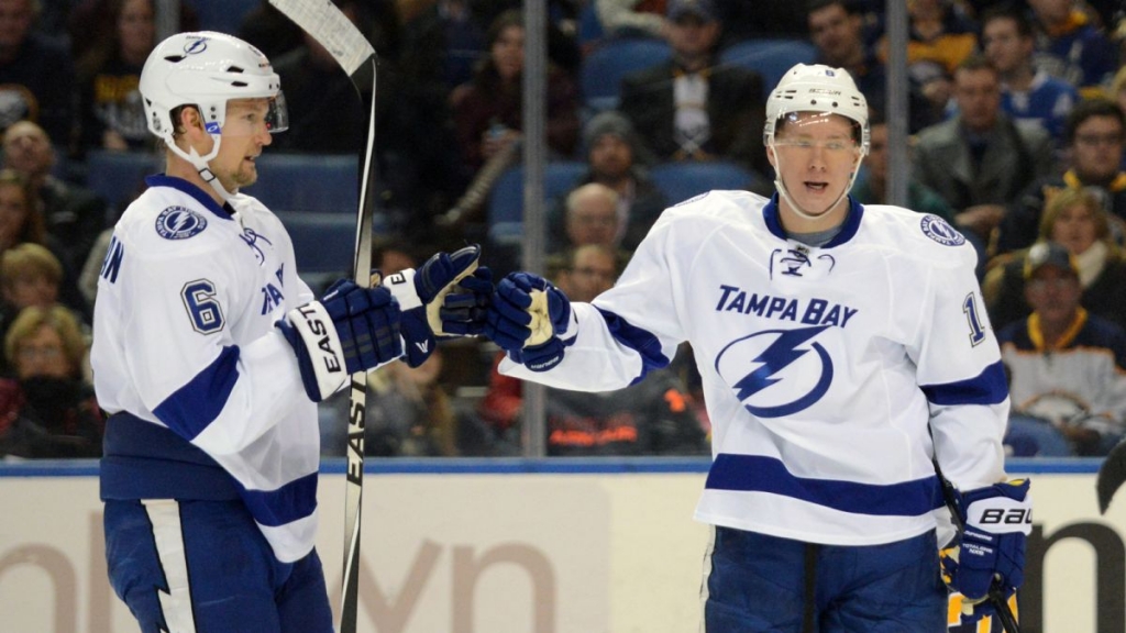 Tampa Bay Lightning left winger Ondrej Palat watches a shot by Nikita Kucherov get past Buffalo Sabres goaltender Chad Johnson for a goal during the second period of an NHL hockey game Saturday Oct. 10 2015 in Buffalo N.Y. (AP