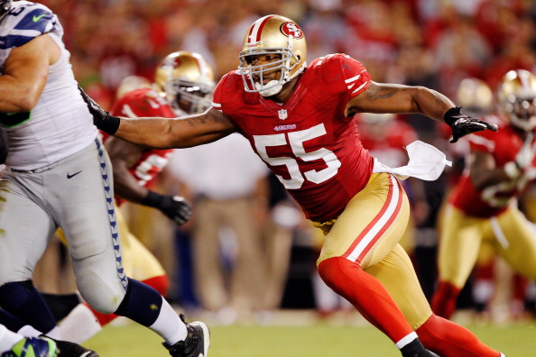 SAN FRANCISCO CA- OCTOBER 18 Linebacker Ahmad Brooks #55 of the San Francisco 49ers rushes the Seattle Seahawks in the fourth quarter