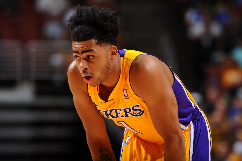 ANAHEIM CA- OCTOBER 22 D'Angelo Russell #1 of the Los Angeles Lakers looks on against the Golden State Warriors during a preseason game