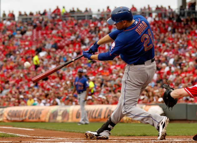 Lucas Duda #21 of the New York Mets hits a grand slam home run against the Cincinnati Reds at Great American Ball Park