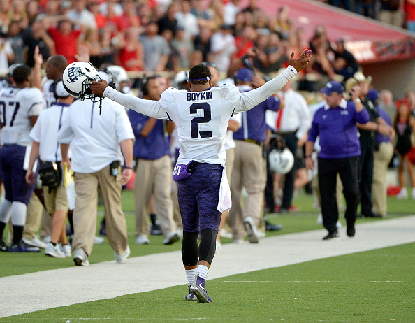 TCU quarterback Trevone Boykin celebrates the a two-point conversion after a touchdown against Texas Tech at Jones AT&T Stadium in Lubbock Texas on Saturday Sept. 26 2015. TCU won 55-52. (Max Faulkner  Fort Worth Star-Telegram  TNS via Getty Images