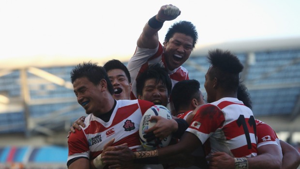 Magic moment Japan celebrates their second try against South Africa